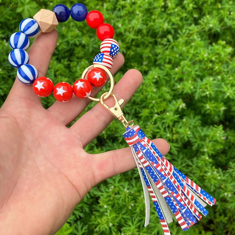 Wholesale Independence Day Wooden Beads Beaded Wrist Keychain